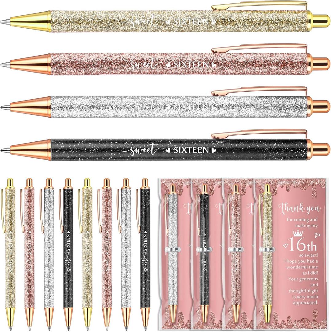 Feifeiya 50 Sets Sweet 16th Birthday Party Favors for Guests, Include Sweet Sixteen Glitter Ballpoint Pens with Thank You Cards, Thank You for Coming to My 16 Years Birthday Party Supplies (Classic)