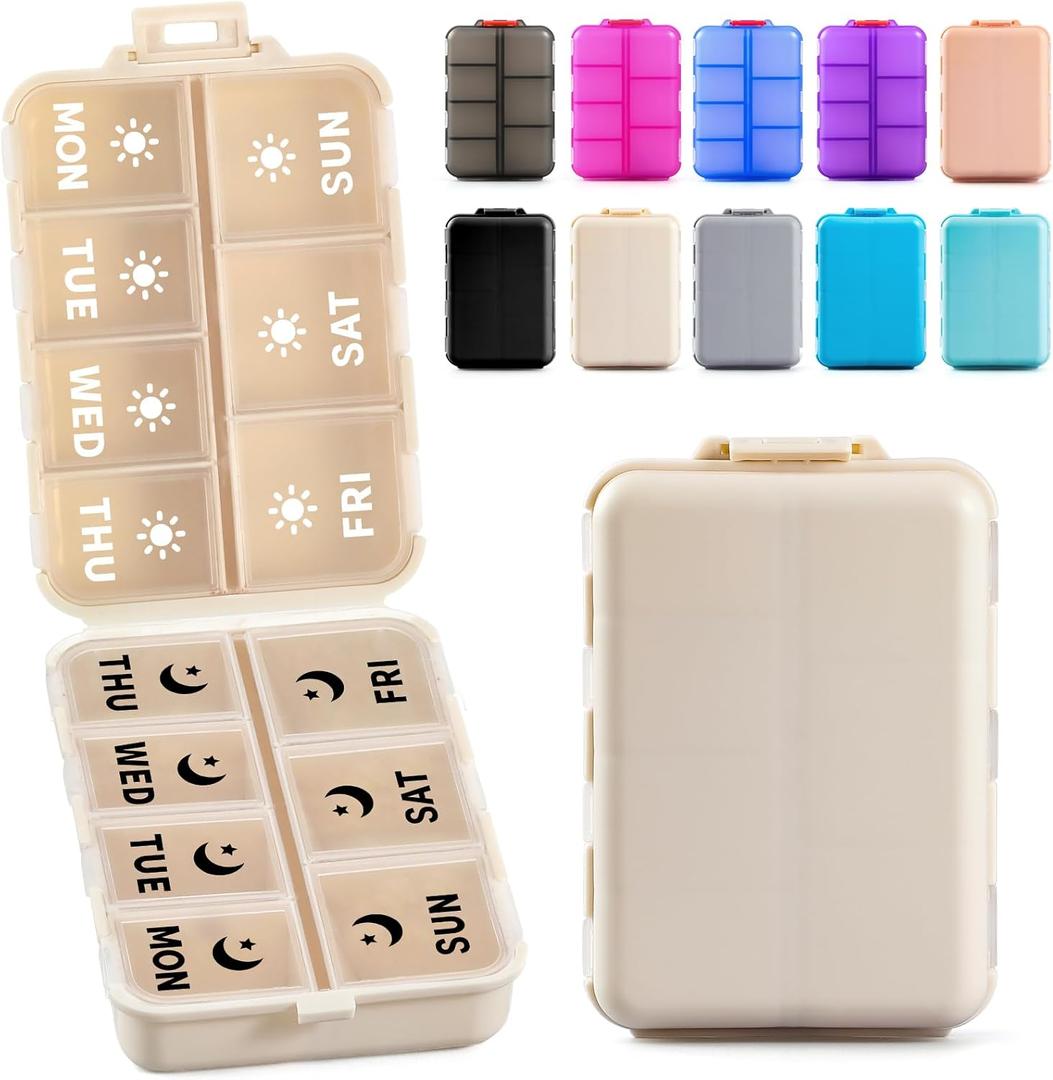 Foldable & Portable Weekly Pill Organizer 2 Times a Day with Clear Printed Labels - 7 Day AM PM Medicine Box, Week Daily Travel Pill Meds Case Holder for Medications, Vitamin, Supplement - Khaki