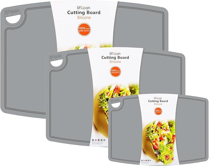 Liflicon Silicone Thick Cutting Boards Mats Set of 3 Foldable & Flexible Design Juice Grooves Easy Grip Handle Dishwasher Safe for Kitchen,BPA free Silicone Cutting Board- Grey