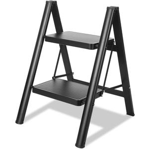 2 Step Ladder, Folding Step Stool for Adults with Wide Anti-Slip Pedal, Lightweight, Perfect for Kitchen& Household, Library Office,330lbs Capacity Sturdy Steel Ladder,Black