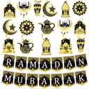 34 Pcs Ramadan Mubarak Banner Pre-Assembled Eid Mubarak Muslim Ramadan Decorations Hanging Swirls Garland Decor Party Favors Supplies for Home