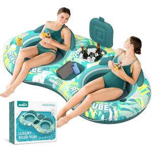 Sunikko X 5-in-1 Pool Floats Adult Heavy Duty River Tube, 2 Person Water Lounge Tanning Pool with Backrests, Built-in Cooler, Cup Holders, Deluxe Pool Toys for Summer Relaxation, X-Large