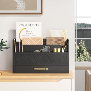 Bamboo Desk Organizer Mail Holder Countertop Wood Desk Drawer Tabletop Storage Organization Box Pen Holder Letter Sorter Makeup Organizer for School Home Office Supplies (All Black) (All Black)