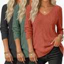 3 Pack Women's Long Sleeve Sweaters V Neck Curved Hem Tunic Tops Loose Fit Casual Basic Fall Sweaters Shirts (XL, Dark Gray, Green, Caramel)