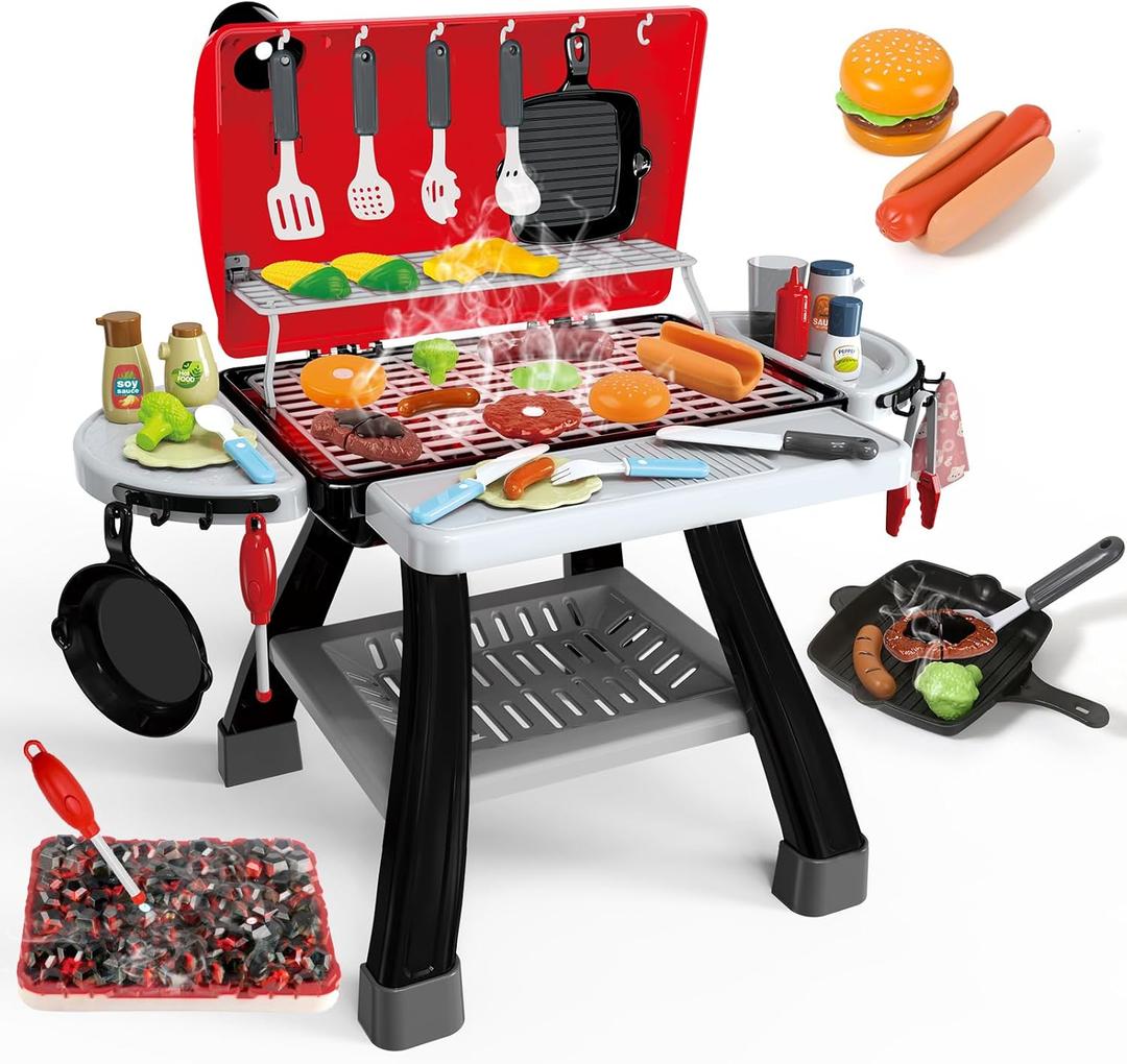 35pcs Kitchen Toy Set, Toy BBQ Grill Set, Cooking Toy Set, Little Chef Play, Kids Grill Playset Interactive BBQ Toy Set, Kids Kitchen Playset Toy Christmas Birthday Gift (Black and Red)