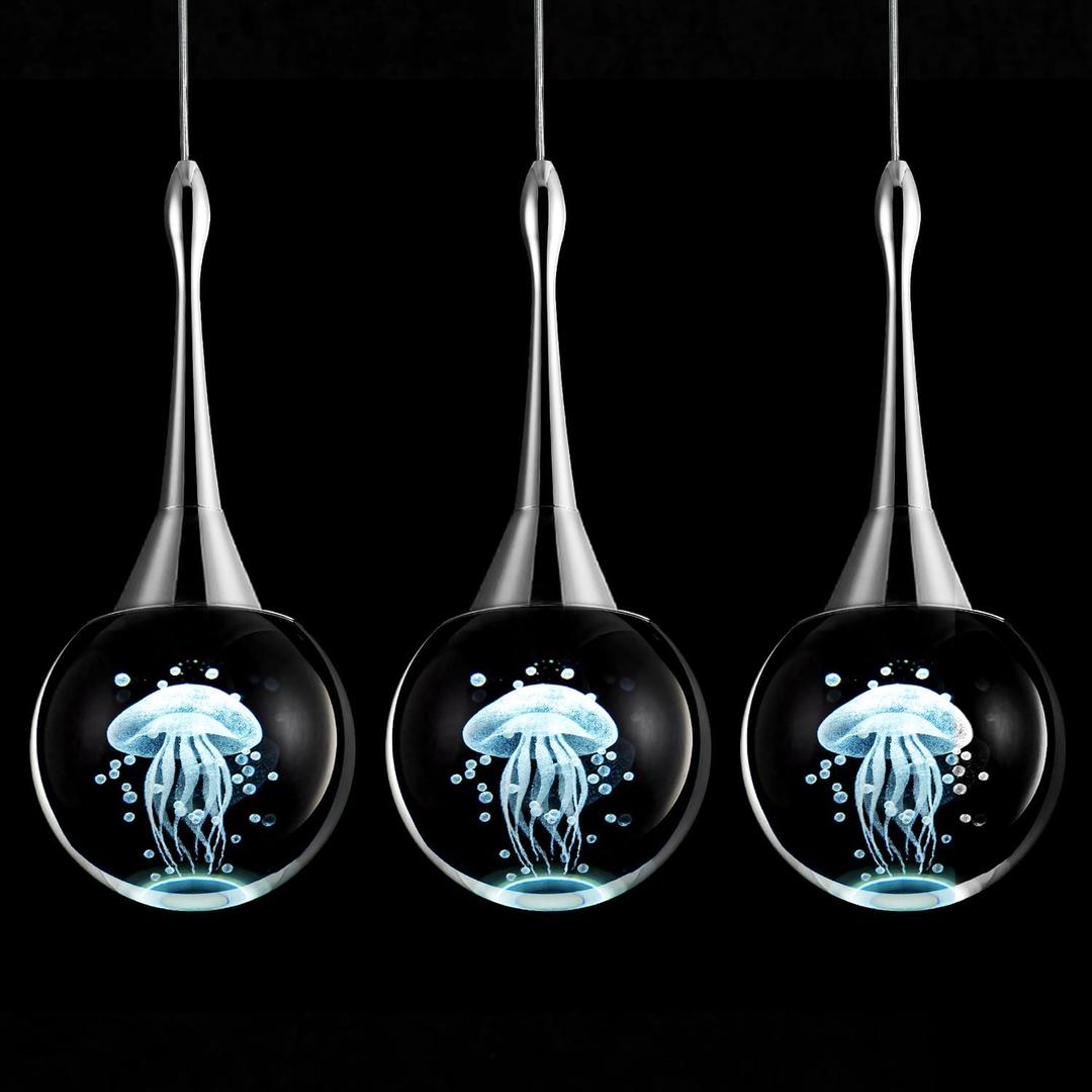 CHYING 3 Pack Mini Modern LED Pendant Lights Kitchen Island, Chrome 5W Crystal Globe Jellyfish Pendant Lighting for Dining Room Bathroom Bedroom Entry Foyer Bar, 6000K Cool White