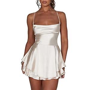JLKGICF Women Satin Dress Backless Short Romper Cowl Neck Bandage Back Jumpsuit Sleeveless Layered Mini Dress Jumpsuit (Champagne, L)