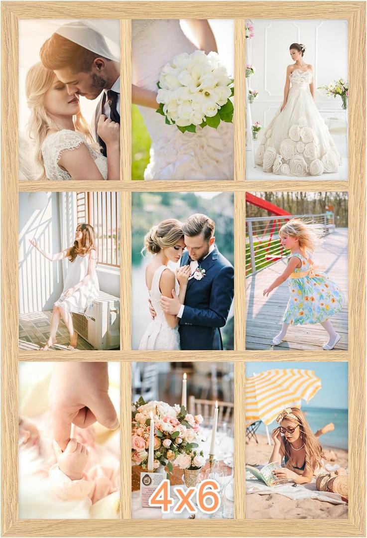 4x6 Oak Wood Picture Frames Collage Wall Decor Natural Woodgrain, Solid Oak Wooden Family Photo Collage Frame 9 Openings, Glass Front, Wall Hanging Display 9 4x6 Pictures (11.5x17.5-9 openings)