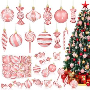 Christmas Ornaments Candy Lollipop Set -48Pcs for Xmas Tree Decoration Hanging Plastic Gloss Candy Canes Ball Pendants for New Year Home Decor Party Supplies (Rose Gold)