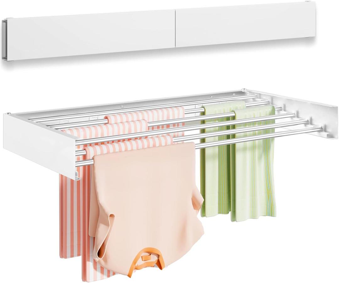 Wall Mounted Clothes Drying Rack 40 inches, Foldable Wall Mount Laundry Rack Folding Indoor, Drying Rack Clothing Collapsible, Hidden Space Saver with Wall Template, 6 Rods, White