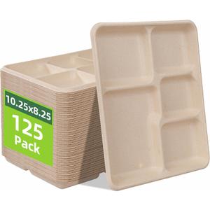 WELLIFE 100% Compostable 5 Compartment Paper Plates, 125 Pack Small Heavy Duty Disposable School Lunch Trays, 10.25 * 8.25 Inch Eco-Friendly Bagasse Plates for Boys, Girls and Youth (BPA Free) (Natural)