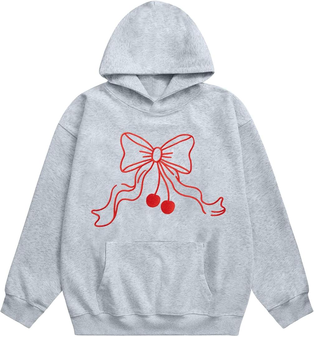 Womens Graphic Hoodies Y2k Streetwear Hoodie Coquette Bow Graphic Aesthetic Preppy Long Sleeve Pocket Pullover (Large, Gray)