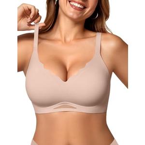 OEAK Womens Wireless Bras Scalloped Push Up Bralettes No Underwire Supportive Tshirt Bra Seamless Comfortable Everyday Bras L