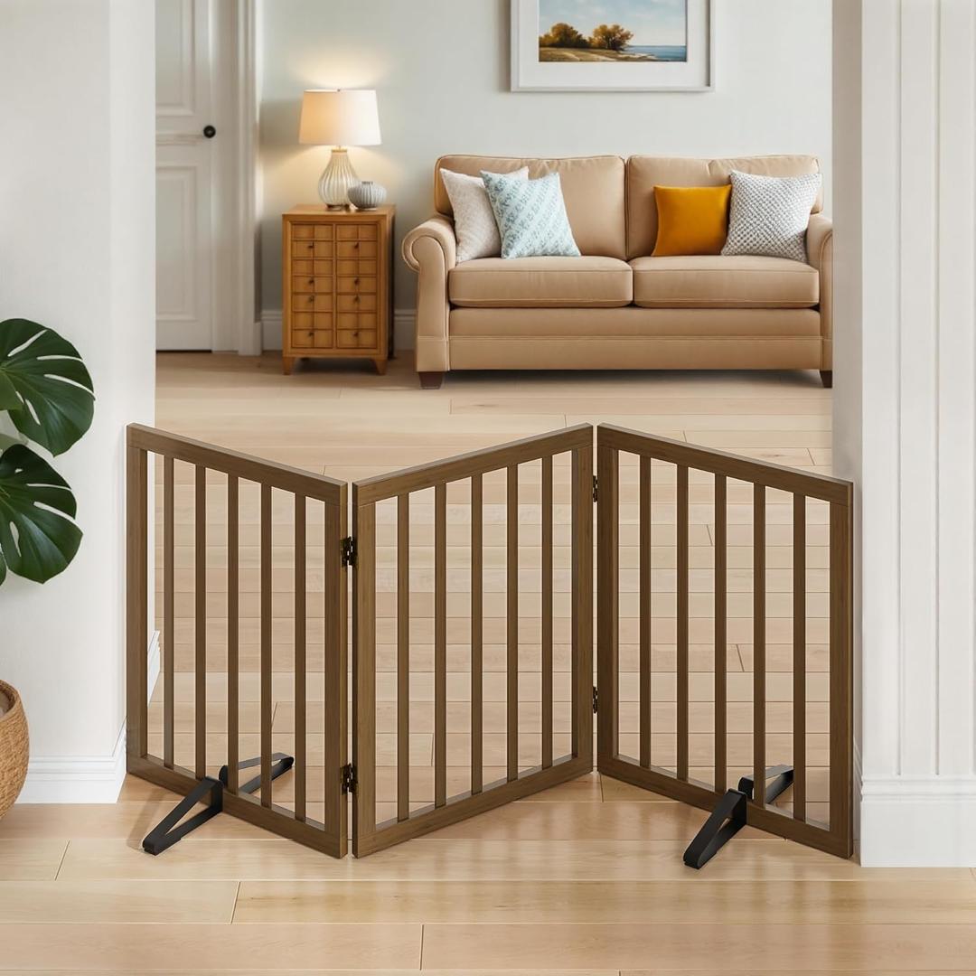 Dog Gate for Stairs,Foldable Dog Gate for Indoor Doorways House,Freestanding Pet Gates for Dogs,Doogie Puppy Fence Gate (3 Panel - 55 inches Wide, Black Walnut)