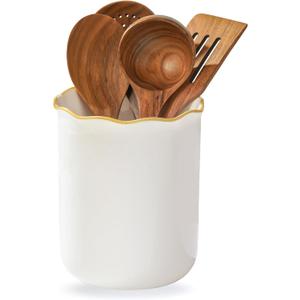 Onniyor Ceramic Kitchen Utensil Holder for Countertop, 7.4 Inch Large Cooking Utensil Crock for Spatulas, Spoons & Tools, Modern Farmhouse Organizer, Multi-Purpose Counter Decor, Easy to Clean, White