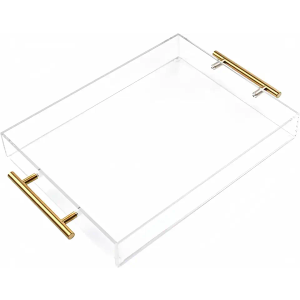 12"x12" Clear Acrylic Serving Tray with Golden Handles, Sturdy Huge Capacity Acrylic Trays for Coffee, Juice, Kitchen and Desk Organizer, Storage Tray (12"x12")