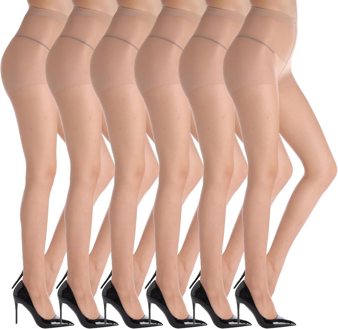YAGAXI 20D Sheer Tights for Women - 6 Pairs Women's Control Top Pantyhose (Beige, XL)