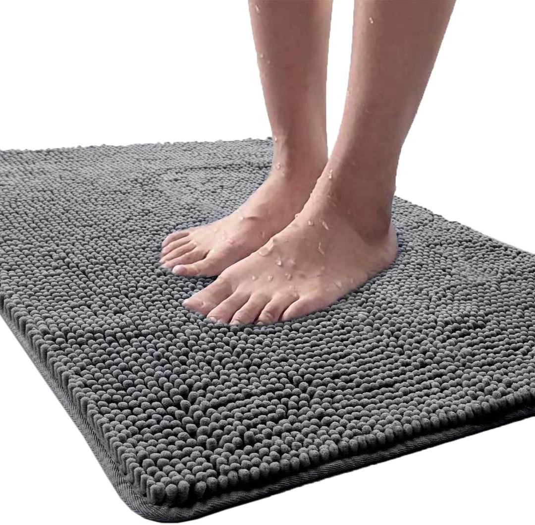LOCHAS Luxury Bathroom Rug Shaggy Bath Mat 24 x 36 Inch, Washable Non Slip Bath Rugs for Bathroom Shower, Soft Plush Chenille Absorbent Carpets Mats, Gray (Grey)