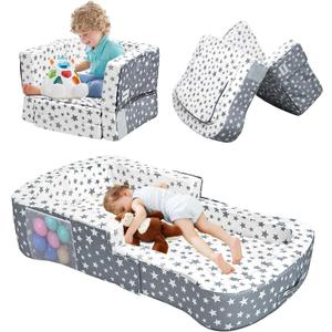 Toddler Travel Bed, Portable Toddler Bed & Chair 2-in-1 – Convertible Travel Crib with Storage Pockets, Built-waterproof Oxford Cloth, Easy,Washable Covers,Soft Dutch Velvet (Stars Pattern)