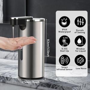 Automatic Soap Dispenser Touchless, 13.5oz/400ml Stainless Steel Electric Sensor Pump with 3 Adjustable Volume, Clog-Free, Water-Resistant for Kitchen, Bathroom, Hotel, and School