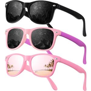 JASPIN Polarized Kids Sunglasses - Toddler Baby Sun Glasses for Girls Boys Age 3-9 with Flexible Frame UV Protection 3 Pack (A1-black+mirrored Pink+pink Purple)