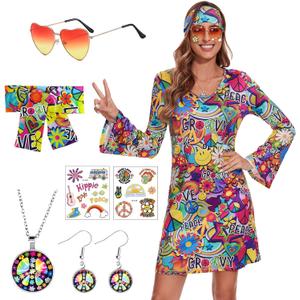 ATAMET 70's Women Costumes Hippie Dress, 1970s Outfits Accessories Set, 60s 70s Disco Prom Dress, Carnival Halloween Costumes (3X-Large, Bright Colors Peace Love)
