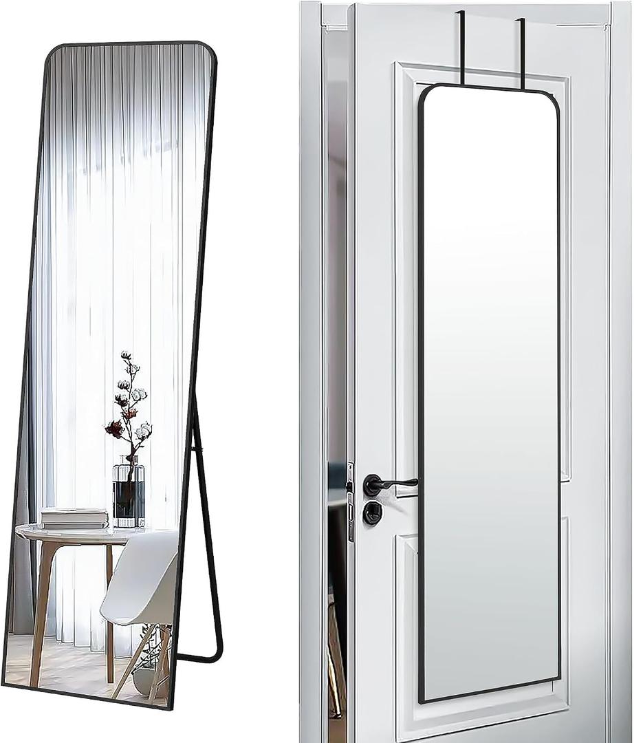 57x16" Full Length Mirror Floor Stand,Over the Door,Wall Mounted Black | HD Crystal Clear Tempered Glass,Aluminum Frame,Full Body Dressing Make-Up Mirrors Rect Hang for Bedroom,Bathroom,Living Room