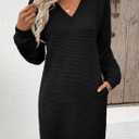 EVALESS Womens Fall Dresses 2026 Long Sleeve V Neck Casual Dress Textured Loose Fit Shift Mini Dress with Pockets (Black, L)