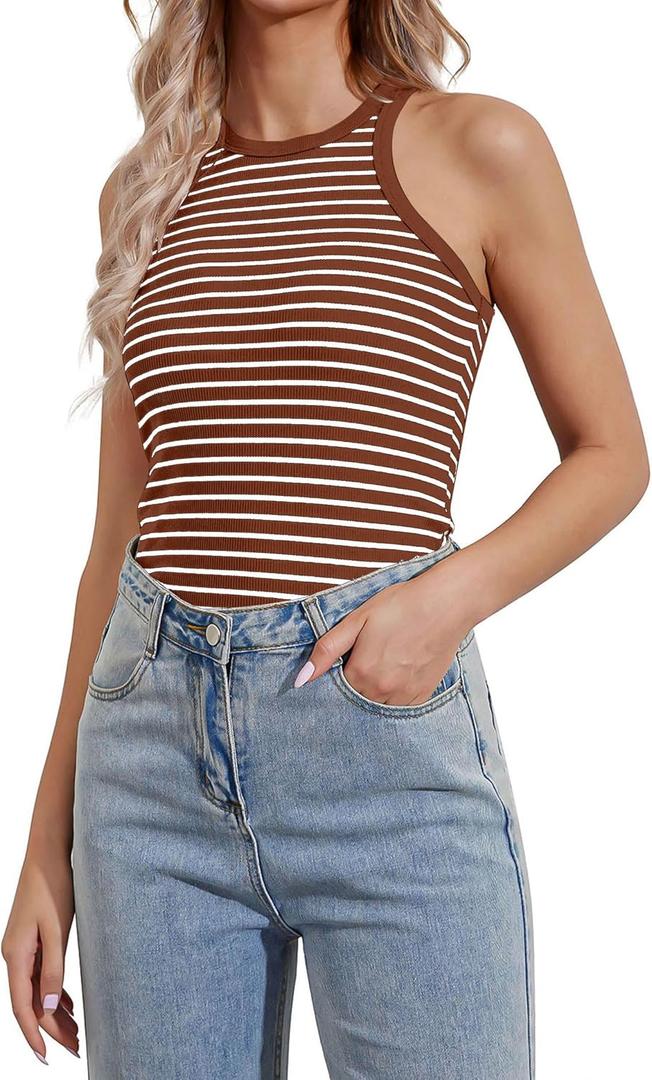 Striped Tank Top for Women Ribbed Colorblock Tanks Racerback Sleveless Vest Summer Slim Fitted Tops (XS)