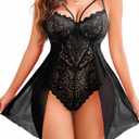 Avidlove Babydoll Lingerie for Women Floral Snap Crotch Teddy Chemise Nightie Lace Nightgown (Medium, Black)