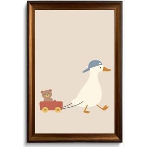 Framed Funny Goose Pulling Toy Wall Decor Pictures Nursery Artwork Print | Kids Room Cute Duck Painting Print Farmhouse Animal Artwork Posters for Playroom Bedroom Ready to Hang 16x24in