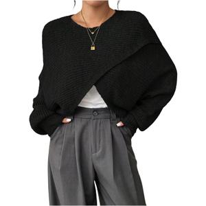 Verdusa Women's Lightweight Asymmetrical Wrap Fall Sweater Tops Old Money Puff Sleeve Cropped Sweaters Coat (Black, XS)