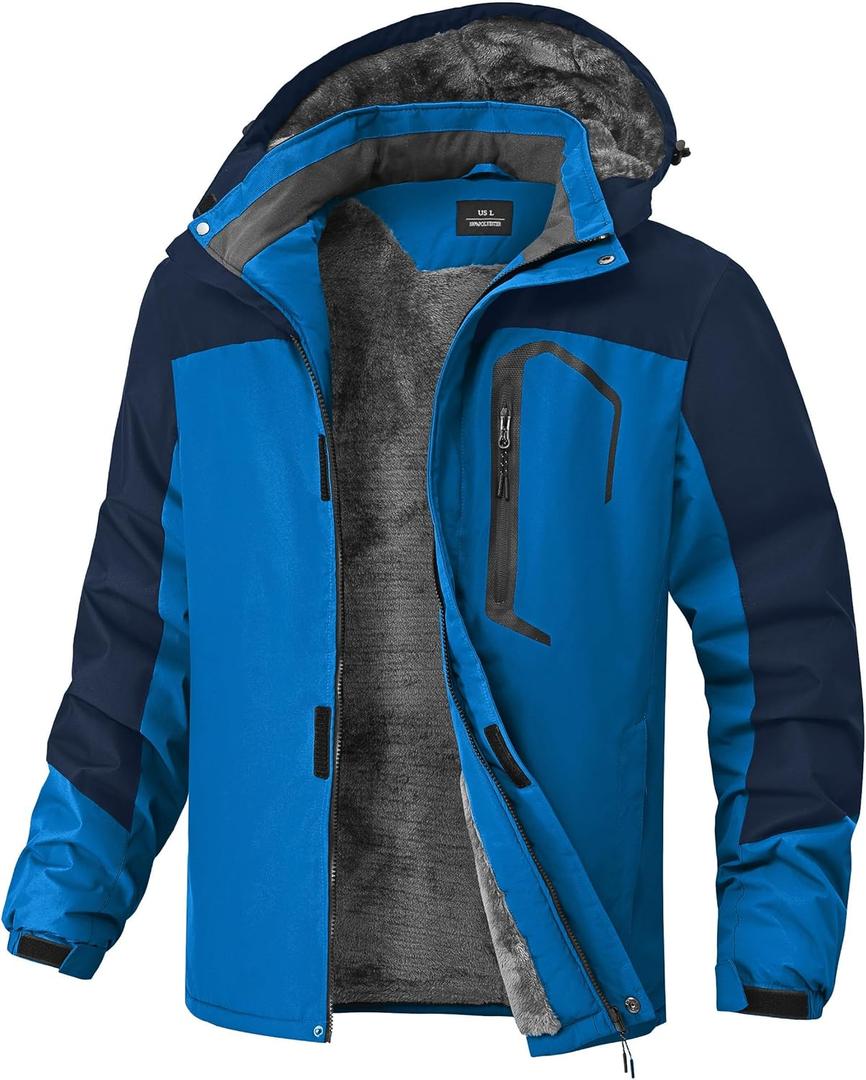 Mens Winter Jackets Waterproof Warm Fleece Ski Jacket with Hood Thermal Windproof Coat Zip Pockets (Large, Blue/Navy)