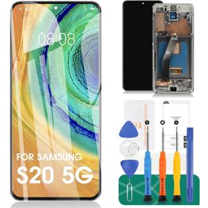 [Long Slot] OLED for Samsung S20 5g Screen Replacement for Galaxy S20 5g LCD Digitizer Repair Kits G981F G981U G981B Touch Screen Display Assembly Replacement Silver with Frame (with Fingerprint)