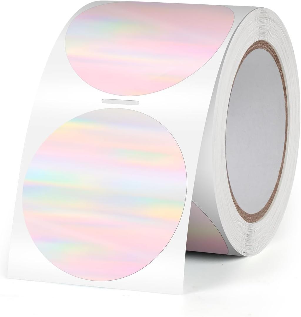 Round Thermal Labels 1.5 Inch Holographic Vinyl Label Self-Adhesive Waterproof Rainbow Circle Direct Thermal Printer Stickers for Gift DIY Logo Design 500 PCS