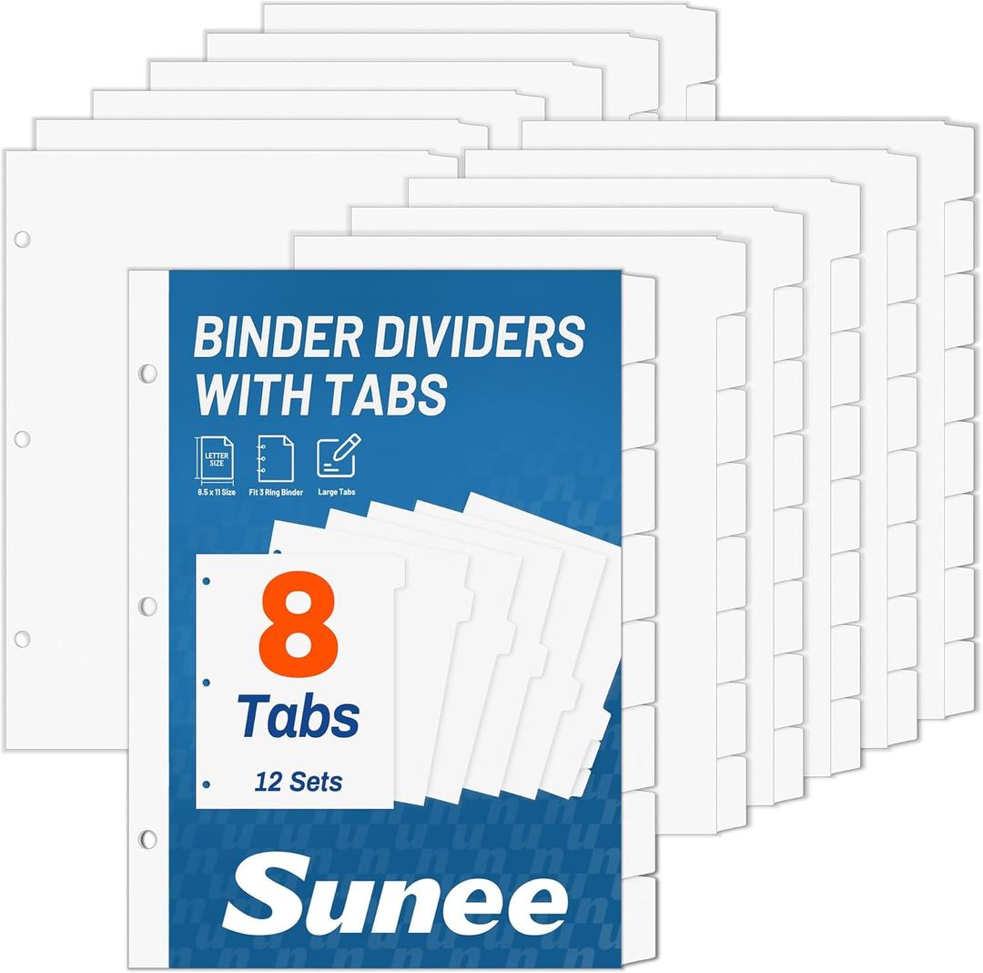 SUNEE Binder Dividers with Tabs for 3 Ring Binder, 8.5 x 11 Paper White Binder Dividers Blank with 8 Tabs, 12 Sets Page Dividers for School, Office and Home, 96 Dividers