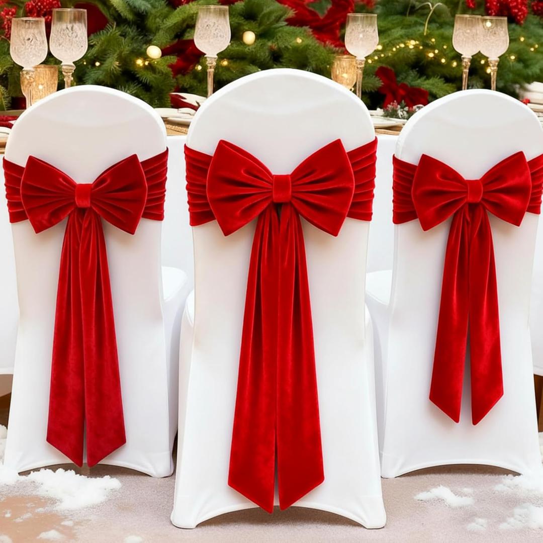 10 Pcs Christmas Velvet Chair Decoration Red Bows Velvet Chair Sashes 24 x 13'' Christmas Elastic Reusable Back Ribbon Bows Cover for Xmas Wedding Events Ceremony Reception Party Supplies