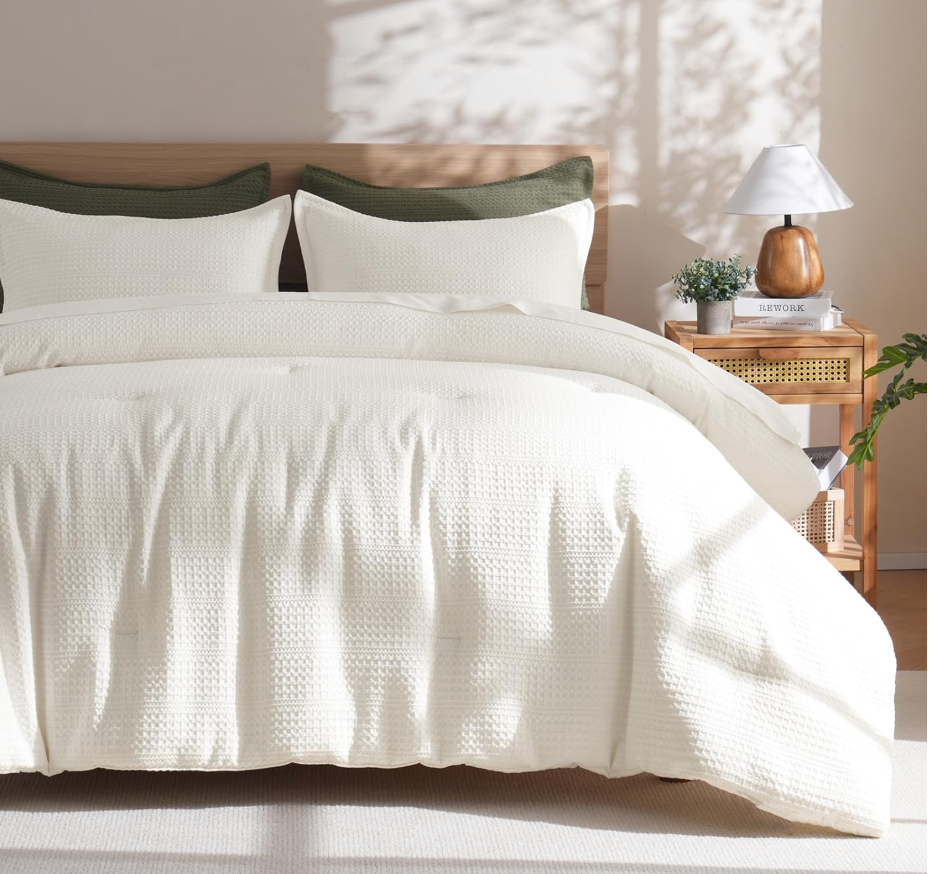 PHF 3 Pieces Cream Waffle Weave Comforter Set King Size - Ultra Soft Textured Waffle Comforter with 2 Pillow Shams, Lightweight Breathable Comfy Bedding Set for All Season, Cream