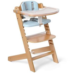 Cowiewie Natural Wooden High Chair for Babies & Toddlers 3-Tier Remove & Adjustable Tray, 8 Adjustable Highchair with Cushions, Portable (Blue