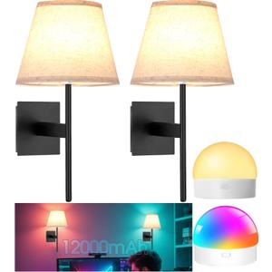 Battery Operated Wall Sconces Set of Two, 12000mAh Wireless Rechargeable Battery Wall Lights with Remote, Magnetic bulbs 15 Colors, Cordless Dimmable Wall Lamp for Hallway, Bedroom, Living Room, Decor (Black-2pack)