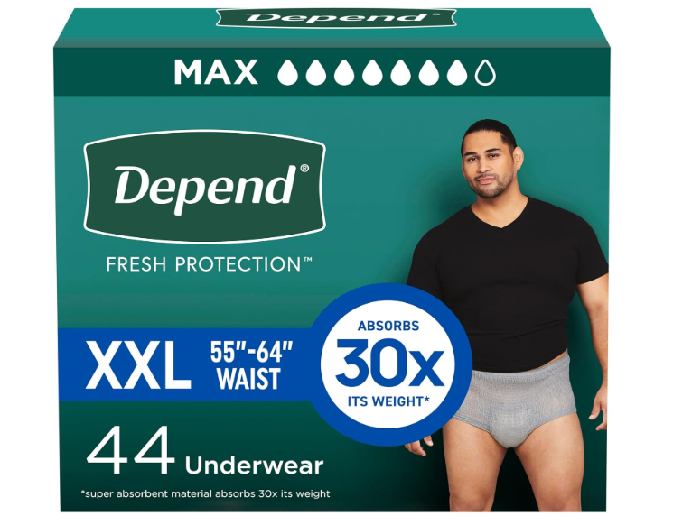 Depend Fresh Protection Adult Diapers, Incontinence Underwear for Men, Disposable, Maximum, ExtraExtraLarge, Grey, 44 Count (2 Packs of 22)