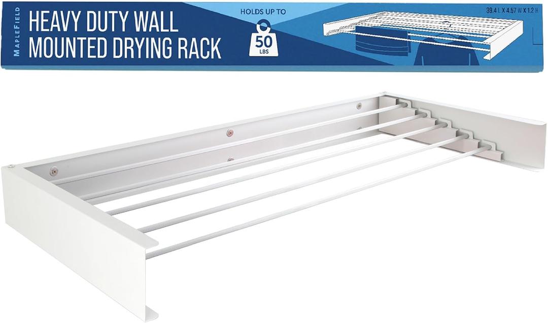 Maplefield Wall Mounted Foldable Drying Rack - Heavy Duty 50 lb Laundry Rack - Rust Resistant Indoor & Outdoor Use - Easy Wall Mount Installation