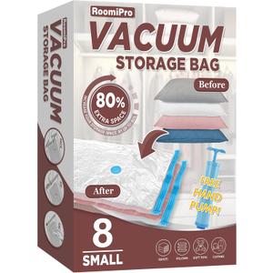 Space Saver Vacuum Storage Bags, 8 Small Vacuum Sealer Bags with Pump, Storage Vacuum Sealed Bags for Clothing, Comforters, Blanket Storage, Bedding