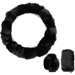 X AUTOHAUX Universal 15 Inch 38cm Warm Faux Fur Fluffy Car Steering Wheel Cover with Handbrake Cover Gear Shift Cover Set Black