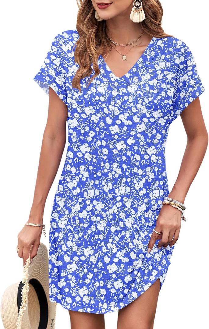 MISFAY Women Summer T Shirt Dresses 2025 Casual Short Sleeve Sundress V Neck Loose Tank Short Dress Vacation Outfits (Blue, XL)
