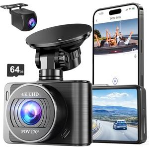 Dash Camera, 4K/1080p Dash Camera Front and Rear, Built-in 5GWiFi, Dash Cam with 64GB SD Card, Full HD 2.0” IPS Screen, for App Control, G-Sensor, Loop Recording, and Parking Mode