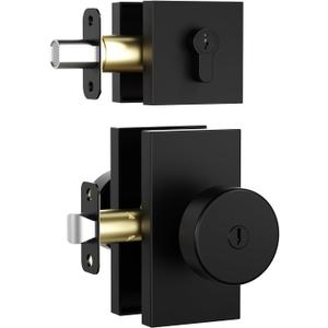 Matte Black Door Knobs with Deadbolt Set, Black Front Door Lock Set Exterior Entry Door Knob Door Handles with Key, Keyed-Alike