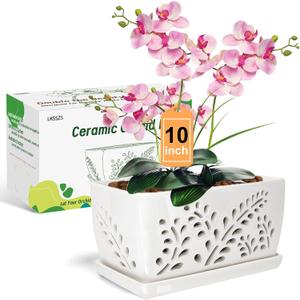Ceramic Orchid Pot, 10 Inch Orchid Pots with Holes, Premium Thickened Handmade Glazed Pot for Orchidaceae Plants, Indoor Outdoor Decorative Flower Pots for Easy Repotting