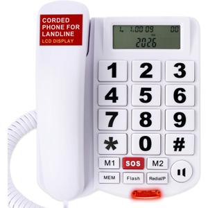 Big Button Phone for Seniors, Uvital Corded Landline Phone with Caller ID, 2 One-Touch Buttons and SOS Emergency Button, Hands-Free, Loud Ringer, Senior Landline Phones for Home/Office/Hotel, White