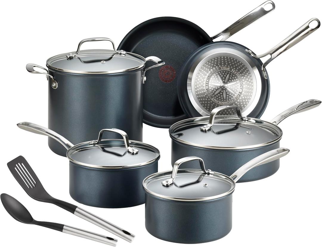 T-fal Platinum Non Stick Cookware Set 10 Piece, Induction, Oven Broiler Safe 500F, Kitchen Cooking Set W/Fry Pans, Saucepans, Saute Pan, Dutch Oven, Utensils, Pots and Pans, Dishwasher Safe, Slate